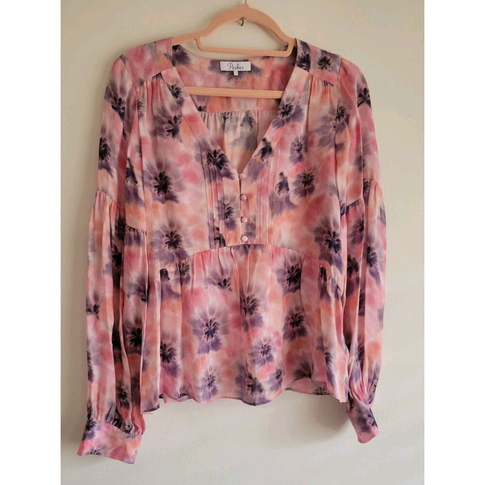 NWOT Parker Pink Floral Brush Stroke Silk Balloon Sleeve Blouse Women's Size S